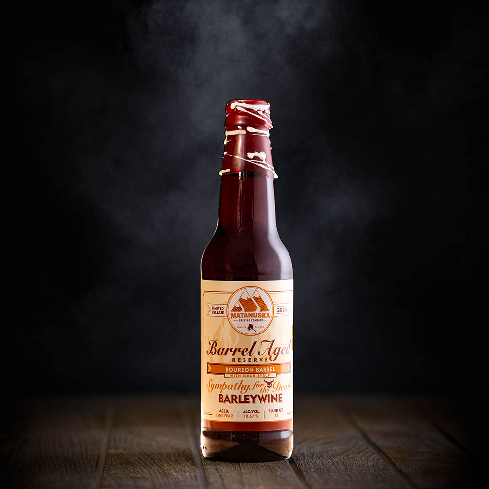 LIMITED RELEASE - 2024 BIRCH SYRUP BOURBON BARREL SYMPATHY FOR THE DEVIL BARLEYWINE Matanuska Brewery, Palmer, Alaska, Bold, Wild, Beer