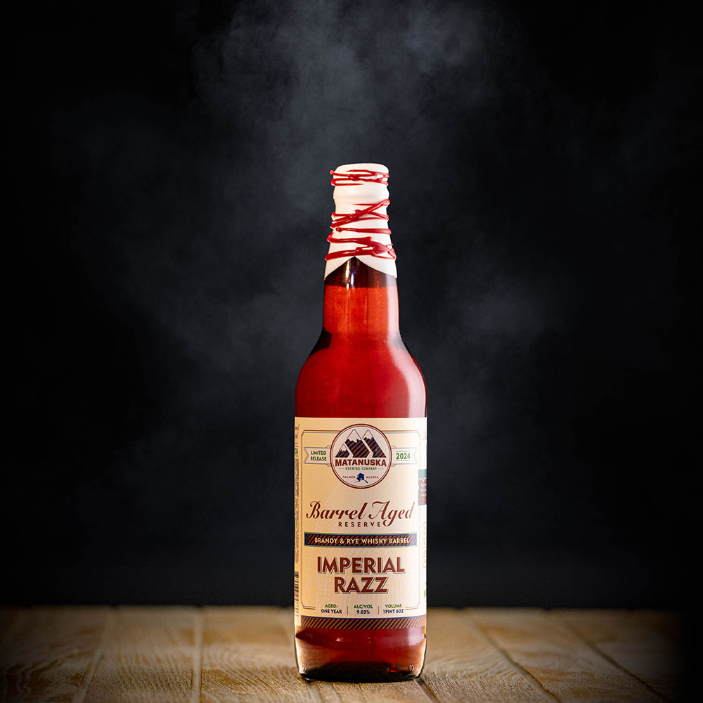 LIMITED RELEASE - 2024 BRANDY/WHISKEY BARREL IMPERIAL RAZZ Matanuska Brewery, Palmer, Alaska, Bold, Wild, Beer