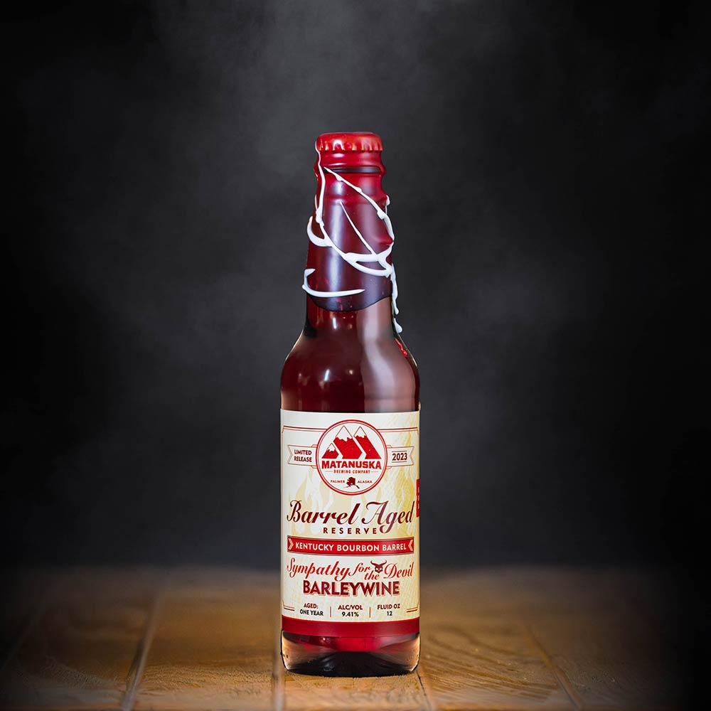 LIMITED RELEASE - 2023 BOURBON BARREL SYMPATHY FOR THE DEVIL BARLEYWINE Matanuska Brewery, Palmer, Alaska, Bold, Wild, Beer